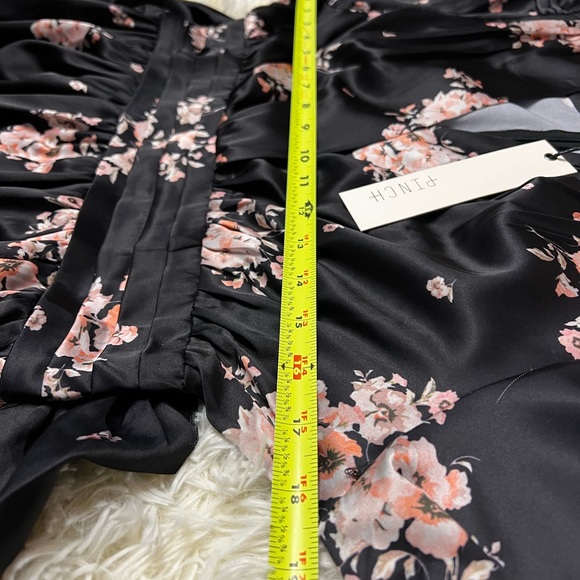 Pinch Women’s Black Satin Smoked Maxi Slit Floral Long Sleeve V Neck Dress Med - Picture 7 of 15